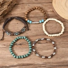 Bohemian Style Wooden Bead Elastic Bracelet, Multi-Layered Flower Turquoise Bracelet, 5-Piece Fashion Bracelet Set. - 5-piece Set - View 4