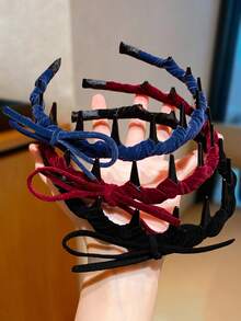 2pcs Toothed Headband Set - Multi-Color (Wine Red/Blue/Black), Vintage-Inspired Design, Toothed Structure For Secure & Non-Slip Wear, Bow Accent For Sweet Touch, Suitable For Daily, Commute, Date Outfits, Practical & Stylish Hair Accessory For Retro & Cute Hairstyles ,Hair Band ,Diadema ,Hair Hoop - Multicolor - View 3