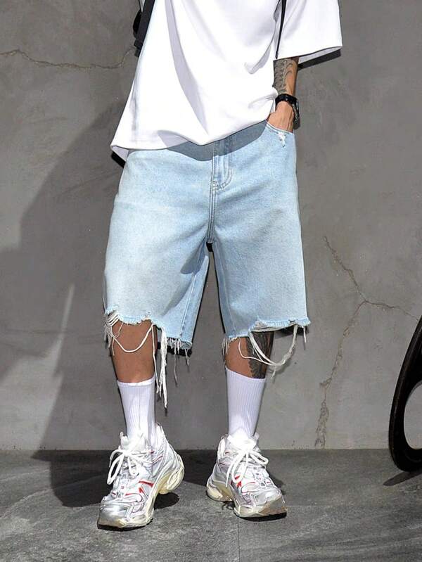 Men's Ripped Denim Shorts, Loose Fit Casual Knee-Length Bermuda Shorts