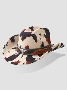 1pc Unisex Polyester Cow Print Cowboy Hat - Leather Rivet & Cow Skull Accent, Ideal For Riding, Outdoor Trips, Cowboy Parties & Daily Wear - Multicolor - View 10
