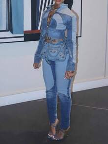 New Women's High-Elasticity, Fashionable, Sexy Color-Blocked Washed Denim Two-Piece Set, Featuring A Long-Sleeved Stand-Collar Zip-Up Top And Slim-Fit Jeans. Machine Washable. - 藍色 - 查看 5