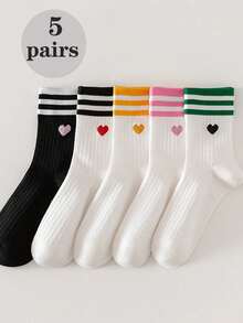 5 Pairs Rainbow Heart & Striped Socks, College Style Simple Mid Tube Socks, Women's Stockings & Hosiery For Fall - Multicolor - View 7