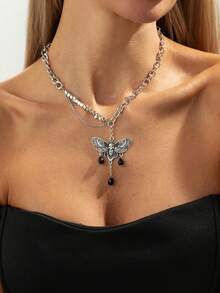 1 pieza Collar de cadena cruzada con cabeza de calavera de cristal bohemio con borla, joyería elegante y versátil como regalo para uso diario, festivales y fiestas