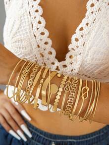 4pcs/5pcs/6pcs/7pcs/8pcs/9pcs/12pcs/14pcs/16pcs Set Minimalist Geometric Open Cuff Metal Creative Niche Personalized Jewelry Bracelet Set, Suitable For Daily Wear, Casual Gathering, Dating, Perfect Gift - Multicolor - View 18