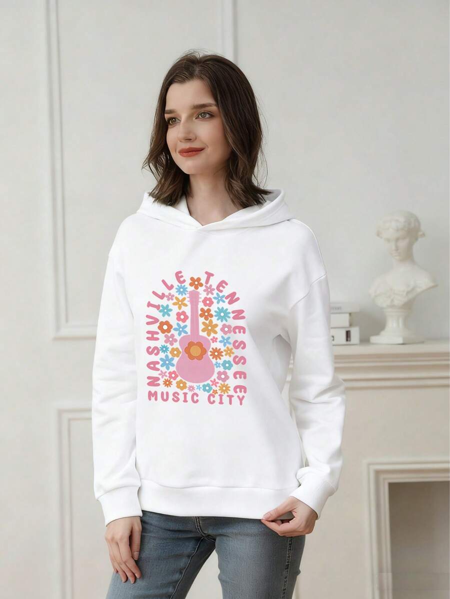 Tween Girl Casual Graphic Hooded Fleece Sweatshirt For Fall Winter - White - View 1
