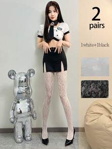 1pc New Vintage Sexy Stockings, Floral Jacquard White Pantyhose, Hollow Lace Net Stockings, Spring/Summer Tights For Dress, For Christmas Gift - Flowers - View 19