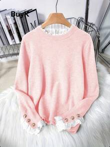 [Tops] BuyK Elegant Lace Trim Crew Neck Long Sleeve Knit Sweater For Women, Fashionable Gold Button Decor Blouse - Pink - View 2