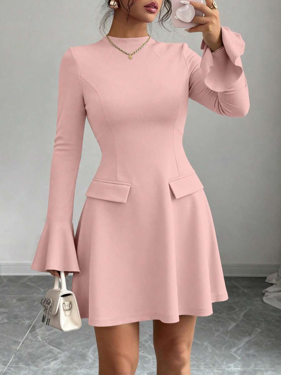 PRETTYGARDEN Women's Long Sleeve Elegant Mini Dress Fall Bodycon Mock Neck Elegant Business Work Party Short Dresses New Years Valentine Vacation - 淺粉色 - 查看 1