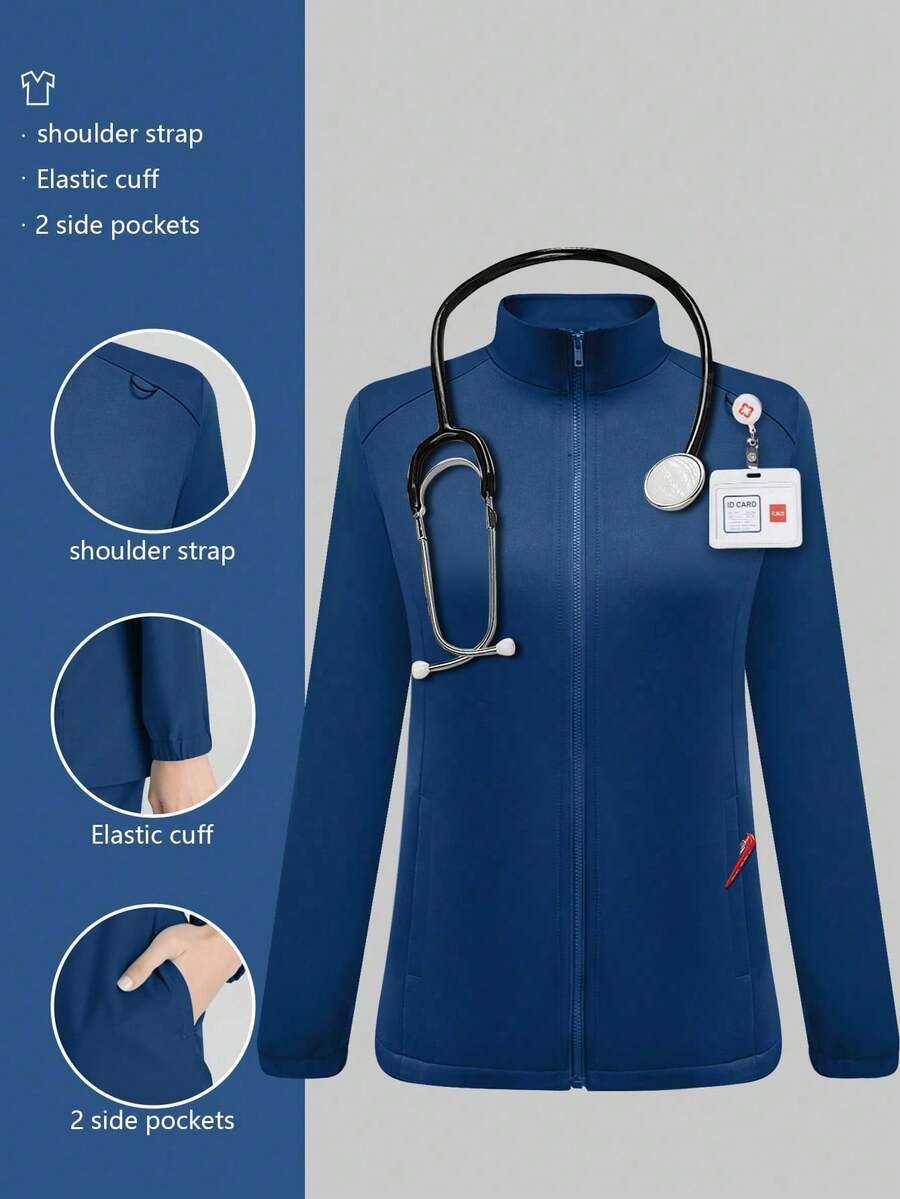 cimmuovere Simple And Fashionable Daily Casual Uniform Set, Including Nurse Dress, Top, Pants, Lab Coat And Jacket - Navy Blue - View 1