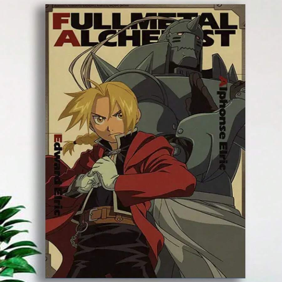 Framed Fullmetal Alchemist Art Deco Poster, Classic Cartoon Style, Less Portrait Poster, Retro Japanese Anime Decor, With Indoor Wall Hanging For Home Office, Living Room, Bedroom, Dorm, Cafe, For Fall & Winter For Bedroom, Living Room, Sport Room, Office, Cafe, Bar, Home, And Dorm Decor - Đóng khung - Xem 1