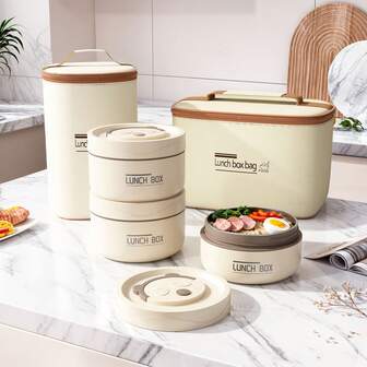 1 Set Of Insulated Lunch Box And Insulated Bag - 4pcs Stainless Steel Insulated Bowl + 1pc Insulated Bag, Sealed Insulated Lunch Box, Suitable For School, Office, Outdoor Camping And Home Use, White