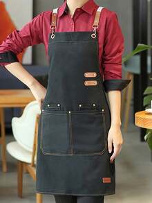 Delantal de lona impermeable y resistente con pechera ajustable y correas de cuero sintético - Adecuado para cafeterías, tiendas de té con leche y salones de belleza, uniforme de trabajo para damas, delantal de limpieza de cocina - Multicolor - Ver 16