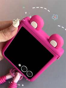 Funda protectora de teléfono con corazón lindo y soporte para oreja, mate marrón, compatible con Samsung Galaxy Z Flip7 Flip6 ZFlip5 ZFLIP4 Flip3, adorable con cuerda de nailon, cubierta trasera dura plegable resistente a caídas - Rosa Fucsia - Ver 3