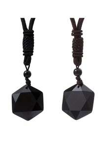 1pc Fashion Obsidian Hexagonal Pendant Necklace - Unisex Stone Chain Casual Outfits, Parties And Gifts - 吊飾+黑色繩子 - 查看 2