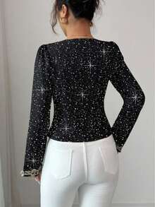 Shiny Sequin V-Neck Button Front Shirt, Versatile & Stylish, Suitable For Dates At Night In Autumn/Winter - Black - View 5