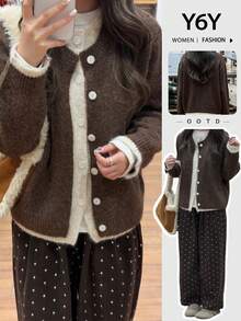 Y6Y Autumn/Winter Korean Style Brown 2 In 1 Retro Loose Design Long Sleeve Women Knitted Sweater Jacket - Brown - View 6