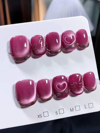 10 st. handgjorda press-on naglar, korta och långa naglar, ovala och mandelfärgade naglar, lila naglar, söta och milda stilar, lila glaspärlor, hjärtan, kattögon, handmålade silverrosetter, metallisk tunn kantdekoration, söta och minimalistiska bärbara naglar för kvinnor och flickor, vår, sommar, höst, vinter, festivaler, fest och vardagsliv