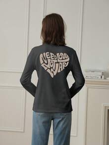 2025秋季新款时尚休闲宽松中长款T恤女字母印花长袖上衣街头韩版 - 深灰 - 查看 3