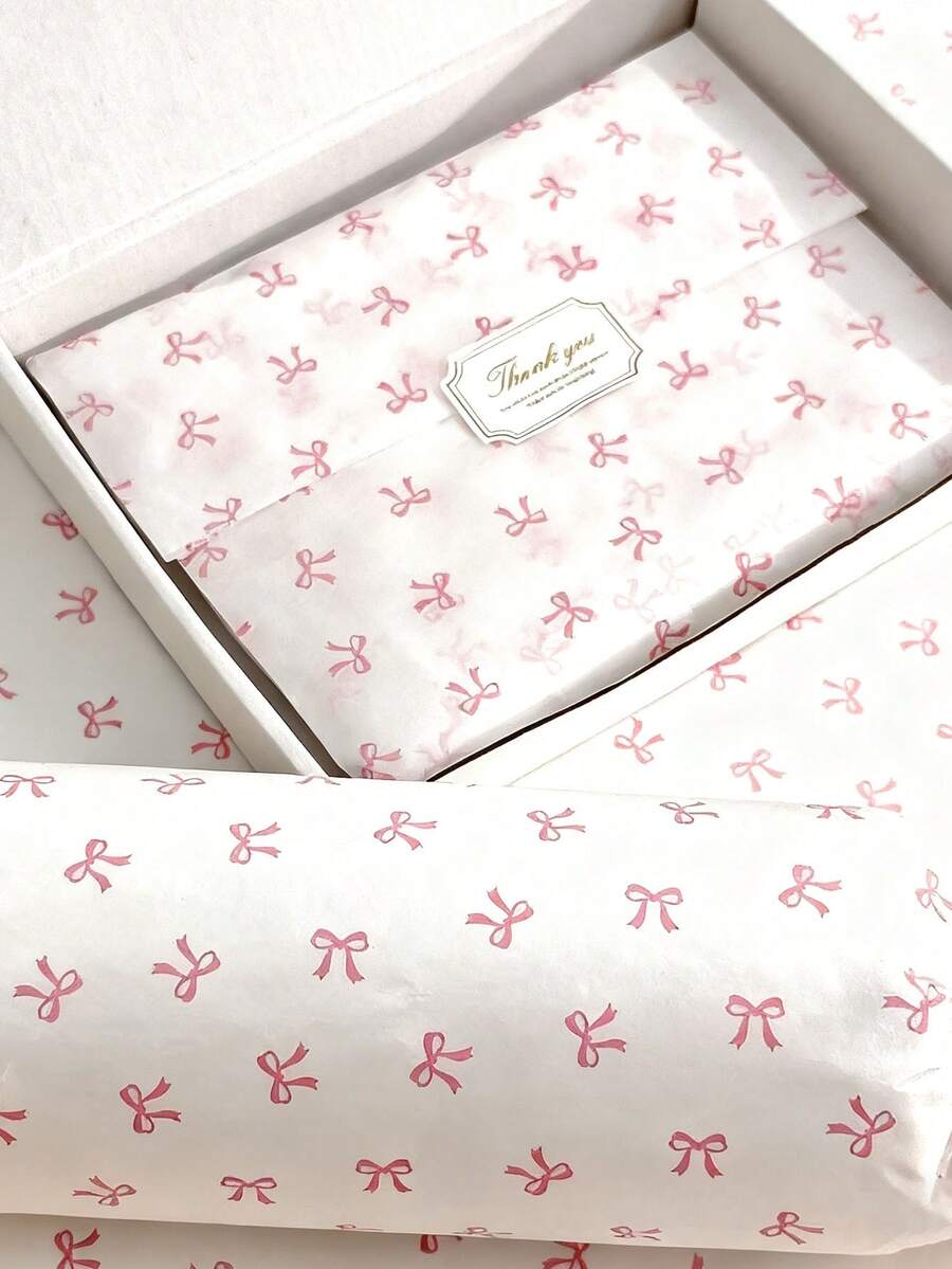 5/10/20pcs Pink Bow Pattern Gift Wrapping Paper, Suitable For Gift Decoration, Bouquet Packaging, Gift Box Lining, DIY And Various Occasions Like Valentine's Day, Thanksgiving, Mother's Day, Birthday, Wedding, Graduation, Party, Etc.