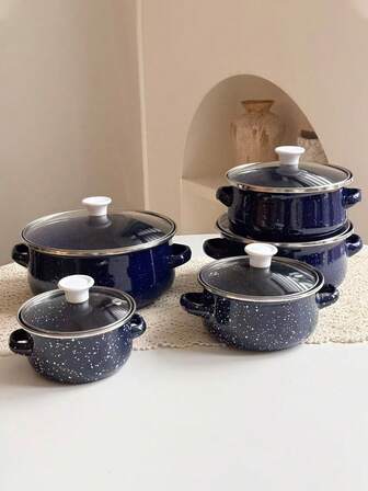 3pcs Enamel Speckled Small Capacity Soup Pot Set, Suitable For Induction Cooktop & Open Flame, Natural Marble Texture Enamel Pot With Elegant Silver Rim Design, Glass Lid Enamel Cookware Set, Great Gift For Relatives And Friends