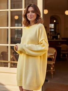 1pc Plus Size Loose Solid Ribbed Plus Size Sweater, Casual Home & Everyday Wear, Autumn/Winter - Yellow - View 3