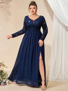 大码深V领亮片花卉蕾丝撞色雪纺开衩长裙，优雅正式礼服，适合舞会、婚礼宾客、情人节、毕业典礼、宴会、返校节、节日等场合。 - 藏蓝色 - 查看 4