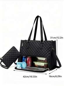 New Fashion Large Capacity Tote Bag, Classic Multi-Color Insulated Bag, Suitable For Laptop Bag, Mommy Bag, Commute Bag, Daily Fitness Lunch Bag, Picnic Bag, Waterproof Insulated Crossbody Bag, Black Plus Size, Gift For Women - Black - View 6