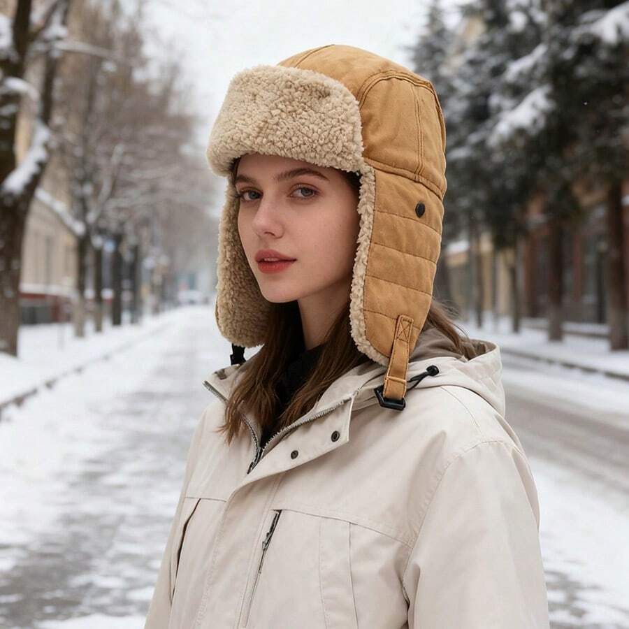 1pc Unisex Solid Color Thermal Lined Winter Trapper Hat, Outdoor Cycling Windproof Ear Protection Large Size Men Ushanka Hat Warm Accessories - Multicolor - View 1