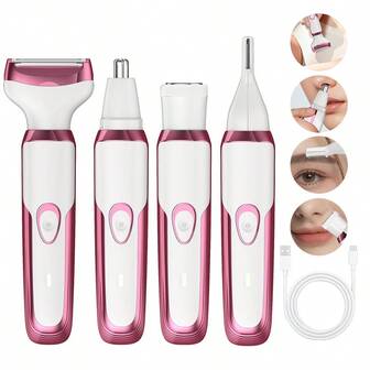 四合一可充电无线女士电动剃须刀及修容套装 - 无痛去除下巴、唇部、手臂、腿部等部位的体毛，方便旅行携带，节日礼物之选，500mAh
