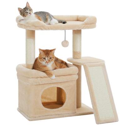 PETEPELA - 高さ65cm キャットタワー ミニ 猫タワー 低い 小さい 猫ハウス 猫 爪研ぎ タワー 子猫向け シニア猫 ペット おしゃれ スリム 可愛い 猫 ベッド 短足 マンチカン 階段 登りやすい ジャンプの苦手な猫ちゃん 人気 据え置き 省スペース 組立簡単 安定 ,ベージュ