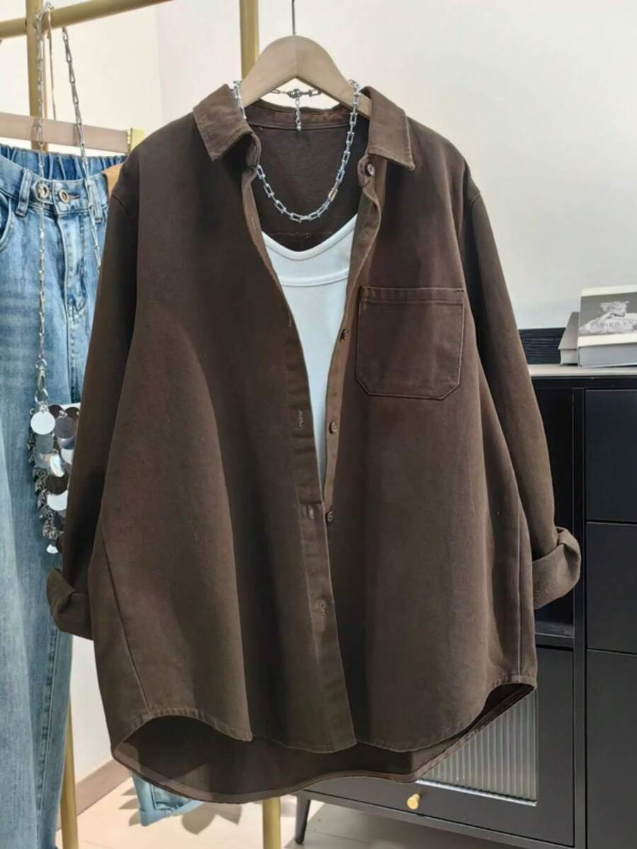 Plus Size Women's Solid Color Pocket Front Button-Down Casual Shirt Spring - Dark Brown - View 1
