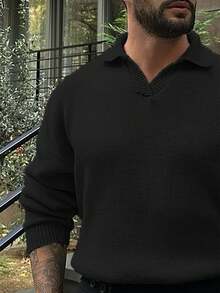 Jersey de punto de cuello polo de manga larga informal para hombres de talla grande para otoño e invierno - Negro - Ver 2