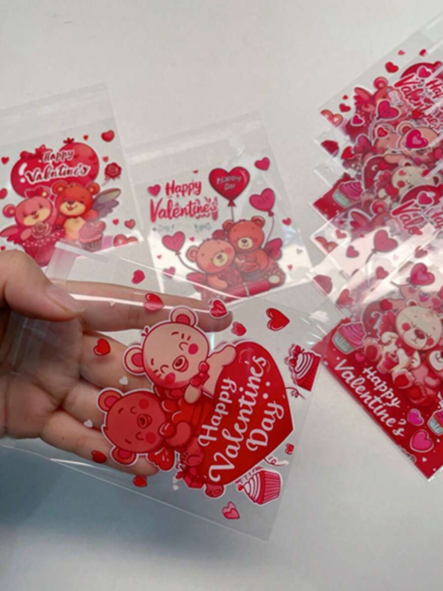 100个红色可爱小熊印花礼品包装OPP自封袋，“情人节快乐”红色爱心印花情侣礼物装饰袋，适合主题派对礼品 - 紅色 - 查看 1