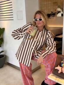 Women's Button Front Long Sleeve Striped Casual Shirt Spring - Brown and White - View 5