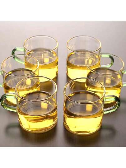 6pcs Set Of High-Quality Glass Coffee Cups With Green Handles, 4oz/120ml Classic Transparent Glass Coffee Cups, Small Tea Cups For Hot/Cold Beverages, Glassware Set For Americano, Latte, Cappuccino