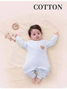 2pcs Baby Jumpsuit, Blue & White Embroidered Bear Pattern, Newborn , Suitable For All Seasons - Blue and White - View 3