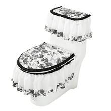 Toilet Seat Cover Set, Soft Warm Patchwork Toilet Lid Cover Water Tank Cover Bathroom Decor - 黑色 - 查看 6