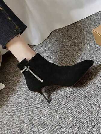 2025 New Autumn/Winter Pointed Toe Short Boots, Elegant Suede Short Shaft Fashion Simple Basic Rhinestone Decor High Heel Ankle Boots For Women