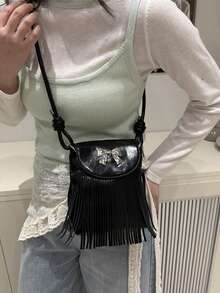 Fashionable One Shoulder Handbag, Tasseled Crossbody Bag For Women - Black - View 5