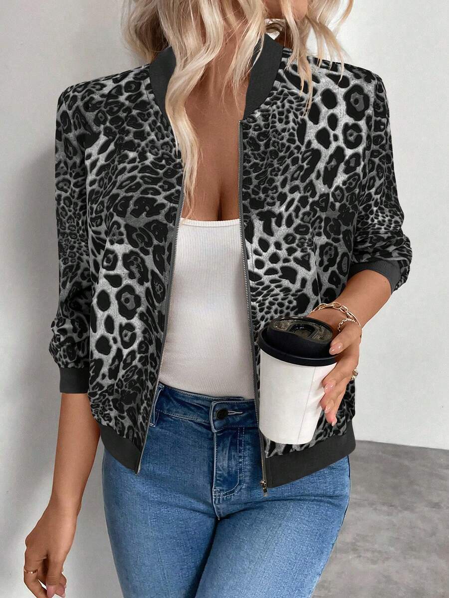 Keke Bloomly 圣诞女士秋季新款轻薄拉链长袖休闲豹纹棒球夹克，常规版型，时尚度假春季款