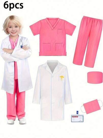 6-Piece Set (V-Neck Top + Pants + Hat + Buttons + Name Tag + Embroidered White Coat) Children's Doctor/Nurse Uniform, Role-Playing White Coat, Surgical Gown, Performance Costume, Little Girl Party/Birthday Outfit [Carnival], [Mardi Gras], [Carnival] Dress-Up And Play Costume