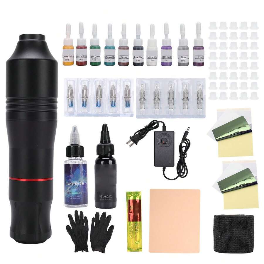 Maquina para Tattoos Kit Completo, Kit para Tattoos Profesional para Tattoos, Tattoo Kit con Piel sintética para práctica, Agujas de cartucho, Frascos pequeños de tinta para tatuar, Kit Completo De Pistola De Tatuaje Para Principiantes, Máquina De Tatuaje Profesional - Negro - Ver 1