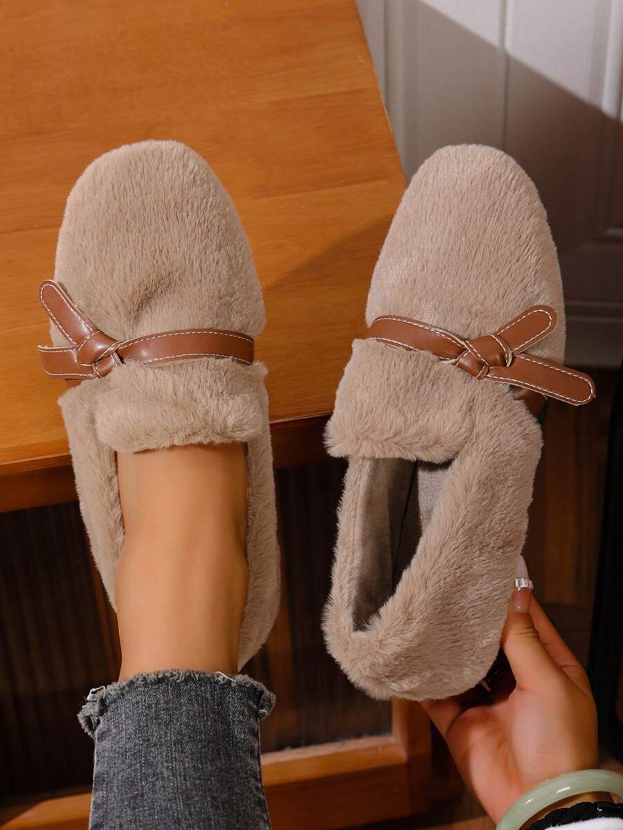 Sapatos femininos rasos de pelúcia, macios e confortáveis, com bico redondo, ideais para o dia a dia no outono/inverno. - Caqui - Ver 1