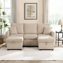 Multifunctional Corner Sofa, U-Shaped Three-Seater Upholstered Sofa With Storage Function – Including Drawers And Ottoman With Storage Compartment, Modular Sofa Set With Sleeping Function, Corduroy Fabric - 米色 - 查看 7
