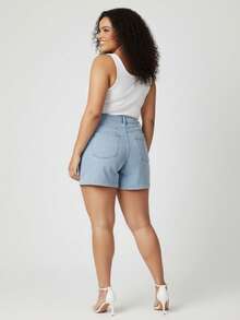 Plus Size Embroidered Denim Shorts With Hemmed Edges And High Waist - Fashion - 淺色水洗藍 - 查看 5