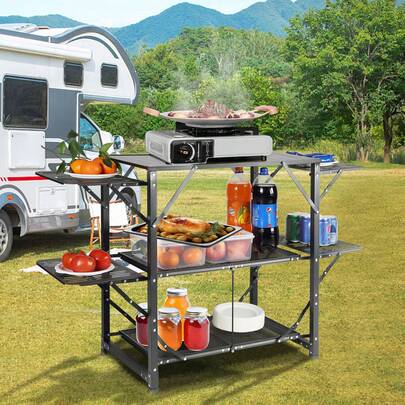 Mesa de cocina para acampar, estación de cocina portátil plegable de una sola pieza con bolsa de transporte, mesa de camping de aluminio, 4 mesas auxiliares de hierro y 2 estantes, ideal para picnics al aire libre, barbacoas, camping, viajes en vehículos recreativos