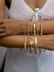 4pcs/5pcs/6pcs/7pcs/8pcs/9pcs/12pcs/14pcs/16pcs Set Minimalist Geometric Open Cuff Metal Creative Niche Personalized Jewelry Bracelet Set, Suitable For Daily Wear, Casual Gathering, Dating, Perfect Gift - Multicolor - View 16