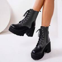 女士经典休闲度假简约坡跟厚底踝靴，秋冬款 - 黑色 - 查看 1