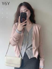 Y6Y 新款韩版春季粉色二合一女士针织开衫毛衣 - 粉色 - 查看 6