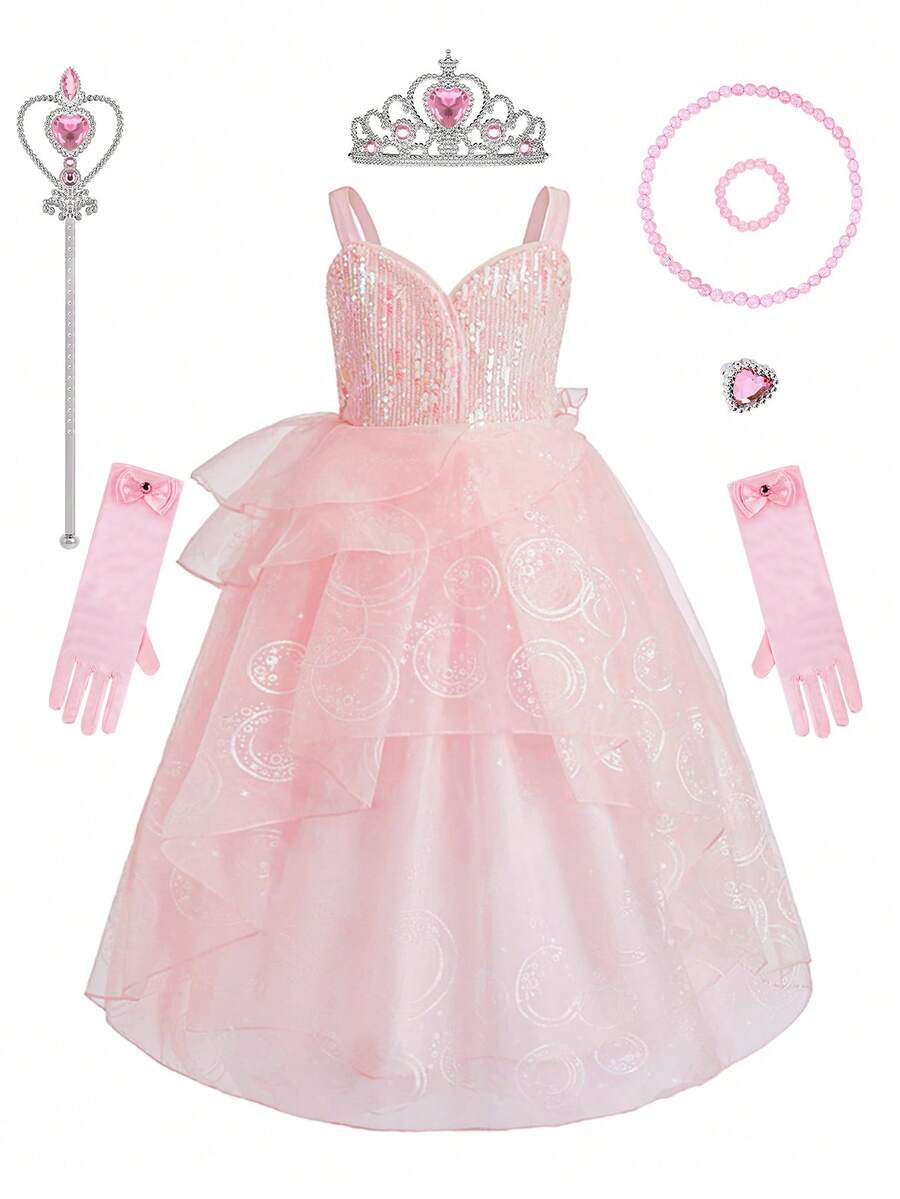 8pcs/Set Girls Pink Tulle Sequin Sleeveless Dress Accessories Set, Children Princess Christmas Carnival Party Cosplay Dress Outfit - Pink - View 1